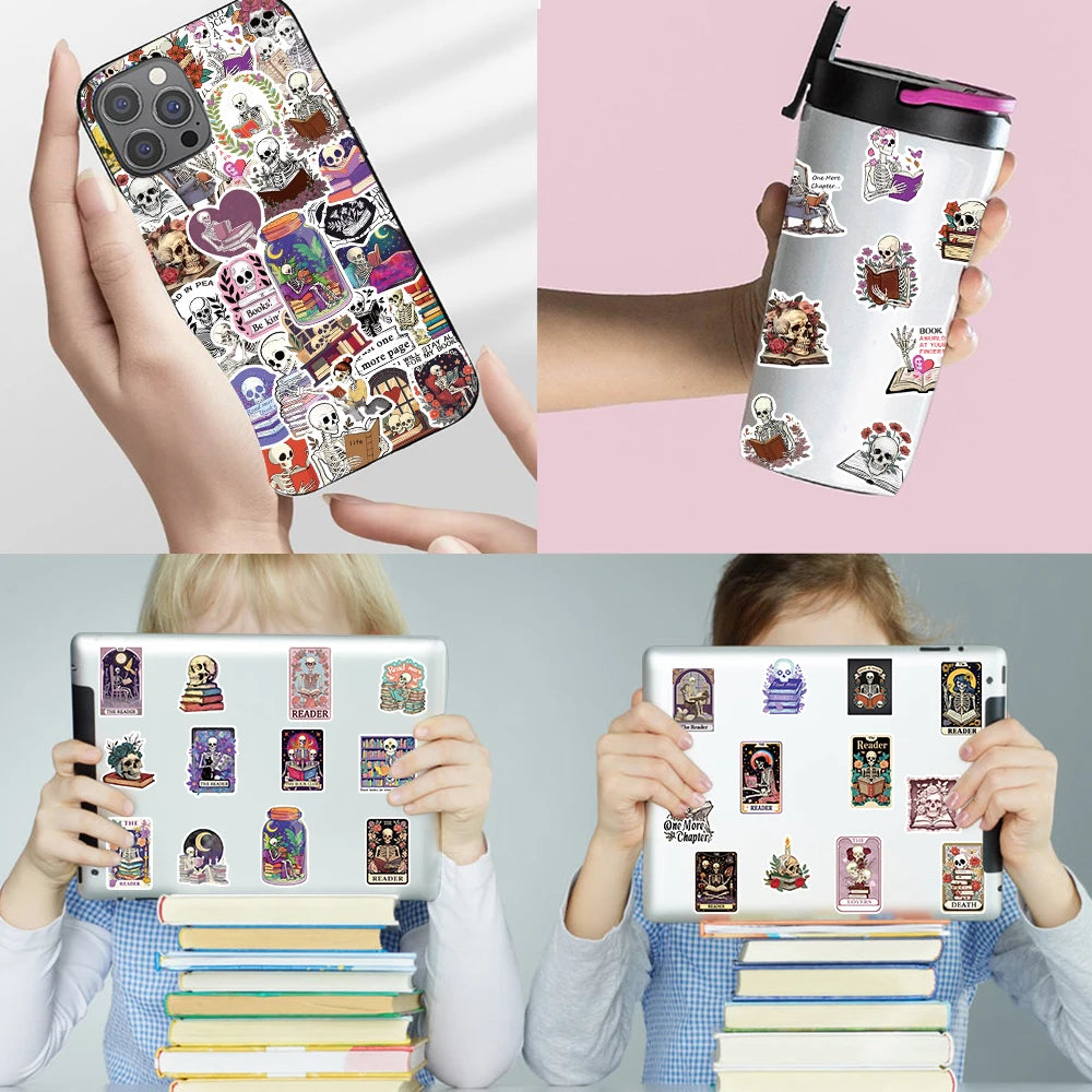Collage of phone case, tumbler, and laptop with sticker designs showcasing book sticker applications on a white background.