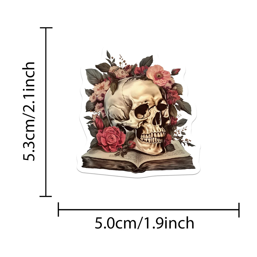 Skull sticker with flowers and book design featuring measurements on a white background.