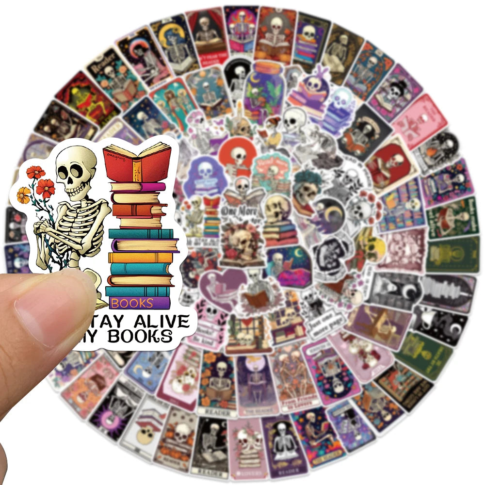 Circular arrangement of various bookish stickers with a prominent skeleton and books design.