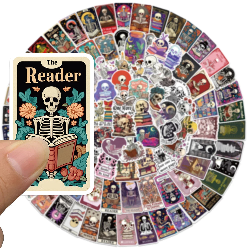 Circular arrangement of tarot card-and book style stickers with a focus on a 'The Reader' card held by a hand.