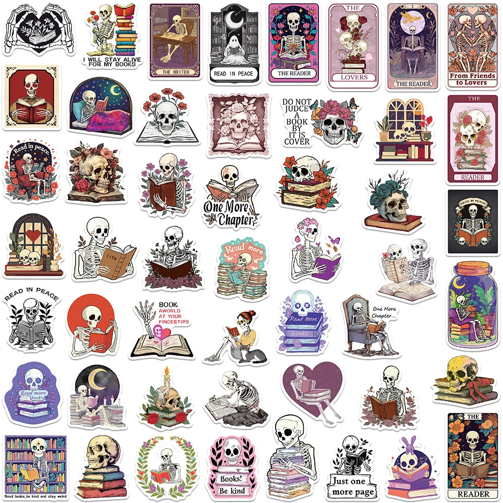 Collection of book and skeleton-themed stickers with various bookish designs on a white background