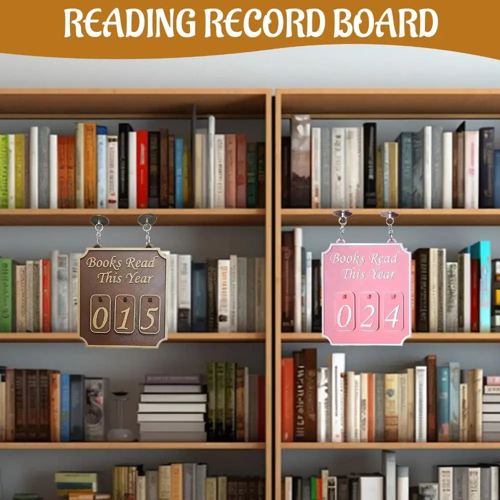Bookshelf with books and reading record board showing progress.