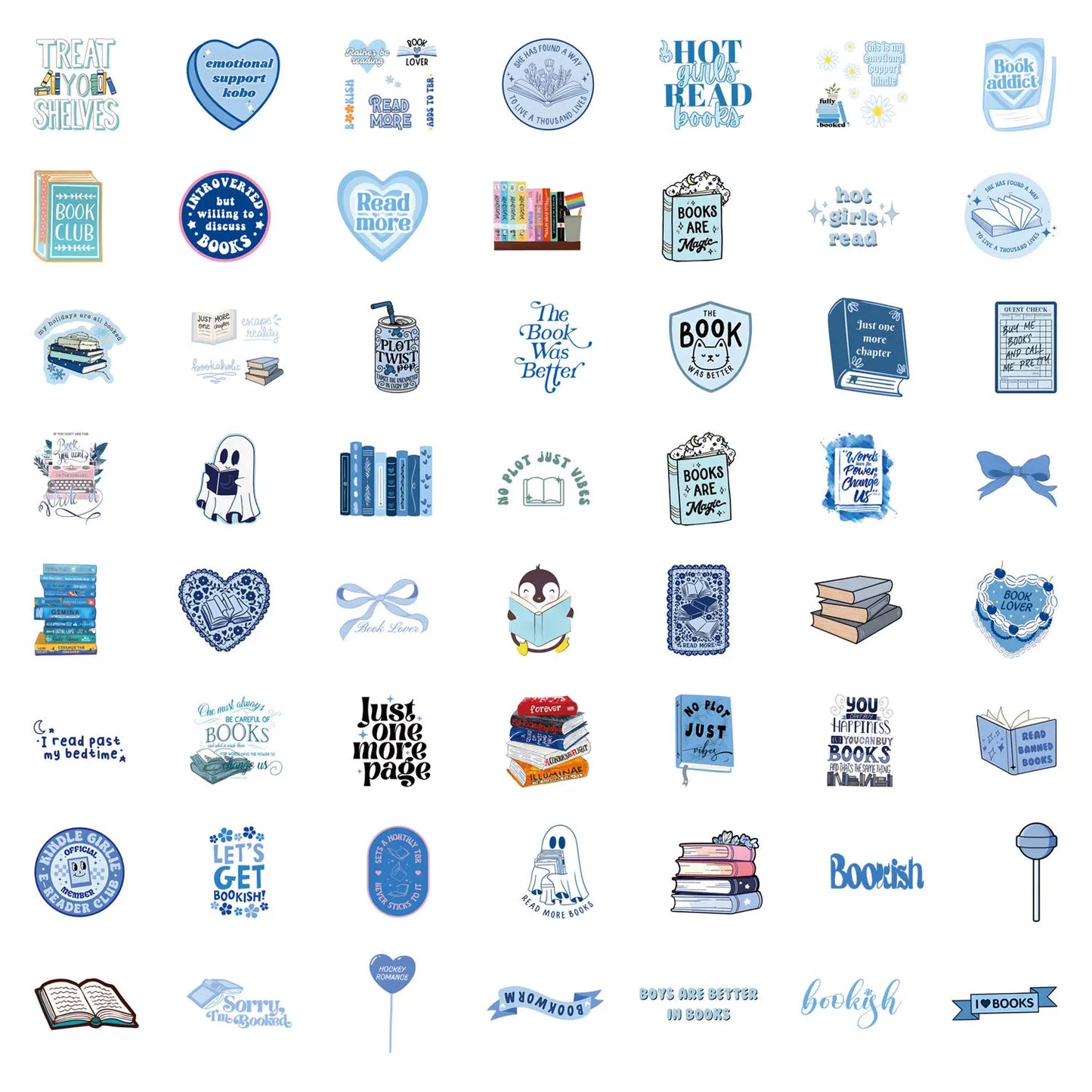 Collection of bookish decals blue and white book-themed waterproof stickers on a white background