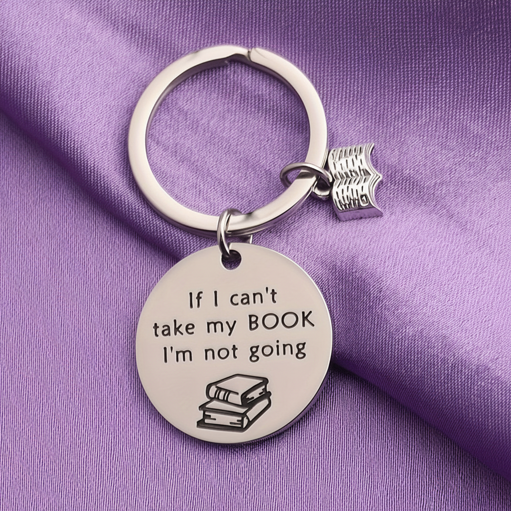 Keychain with 'If I can't take my BOOK, I'm not going' text on a purple background