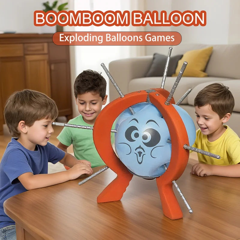 Children playing with a 'Boom Boom Balloon' game in a living room.