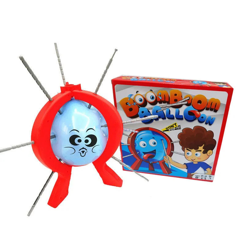 Boom-boom-Bust Balloon toy game with red frame and blue balloon, next to its packaging on a white background
