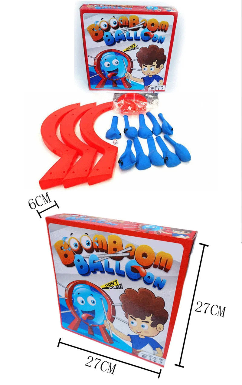 Boom Boom Balloon toy game set with packaging and measurement details on a white background