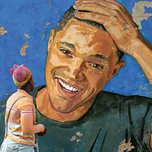 mural and person looking at it from the sidewalk from book 'Born a Crime' by Trevor Noah.