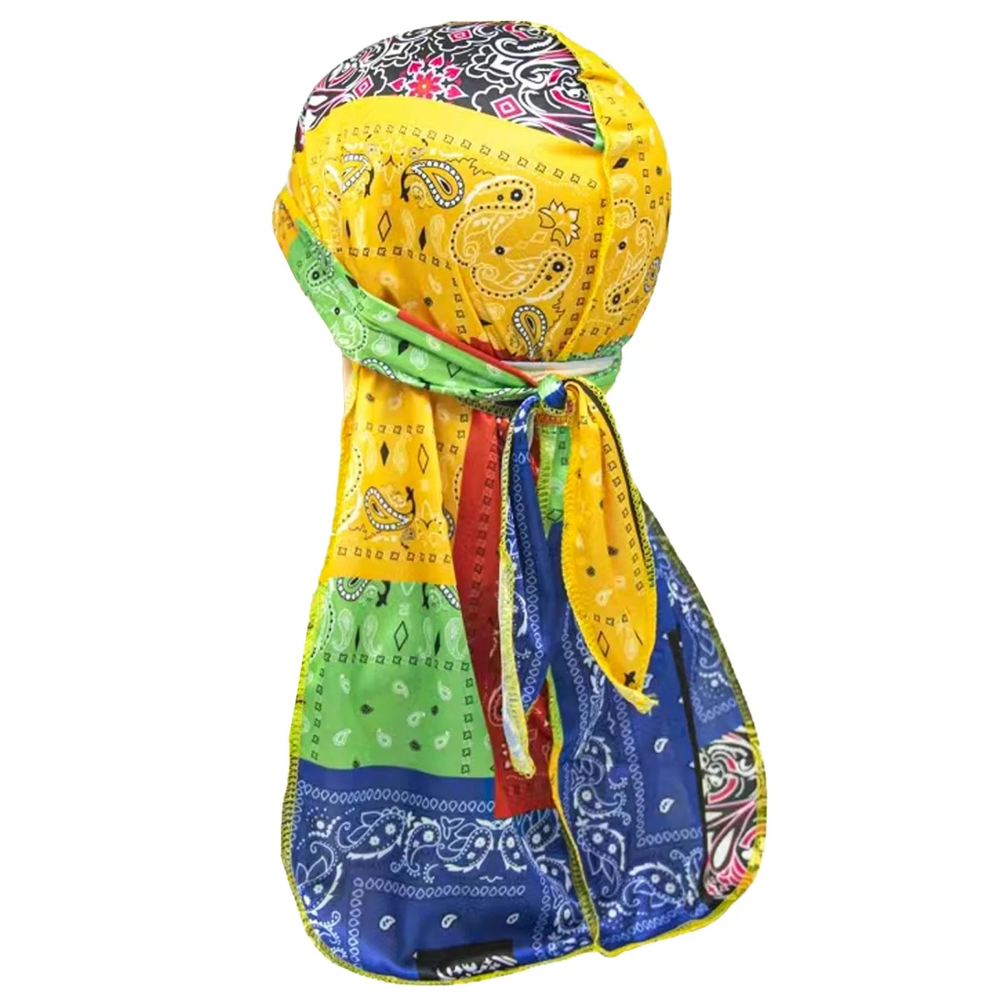 Colorful bandana durag headwrap with multicolor patterns on a white background