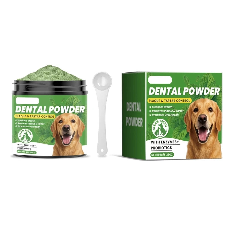 Dental powder for dogs with packaging, container, and spoon on a white background