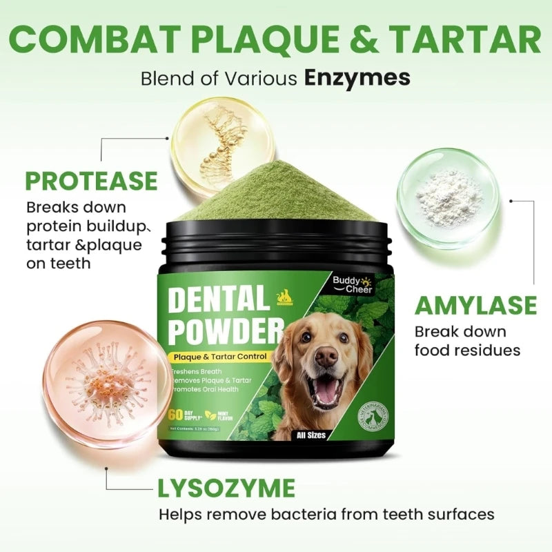 Dental powder for dogs with ingredients like protease, amylase, and lysozyme on a white background.