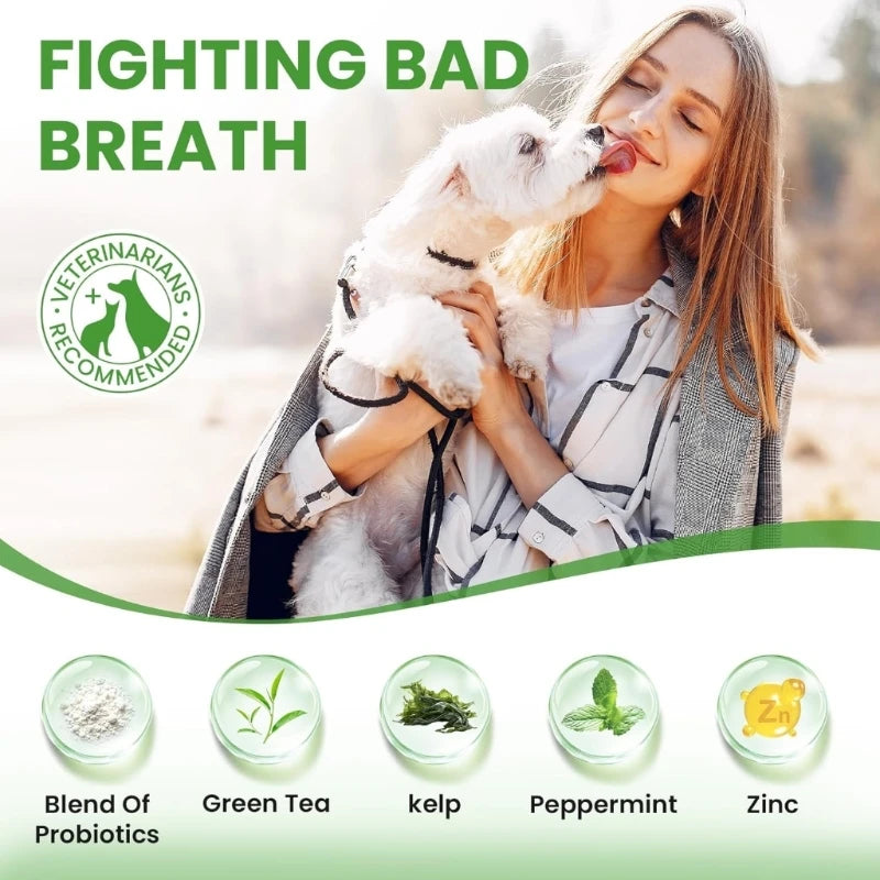 Woman holding a dog with text about fighting bad breath, featuring a blend of probiotics and other ingredients.