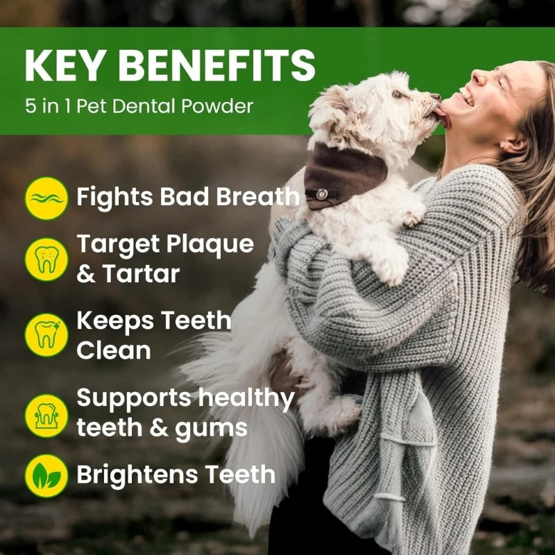 Woman holding a dog with key benefits of a pet dental powder listed on a green banner.