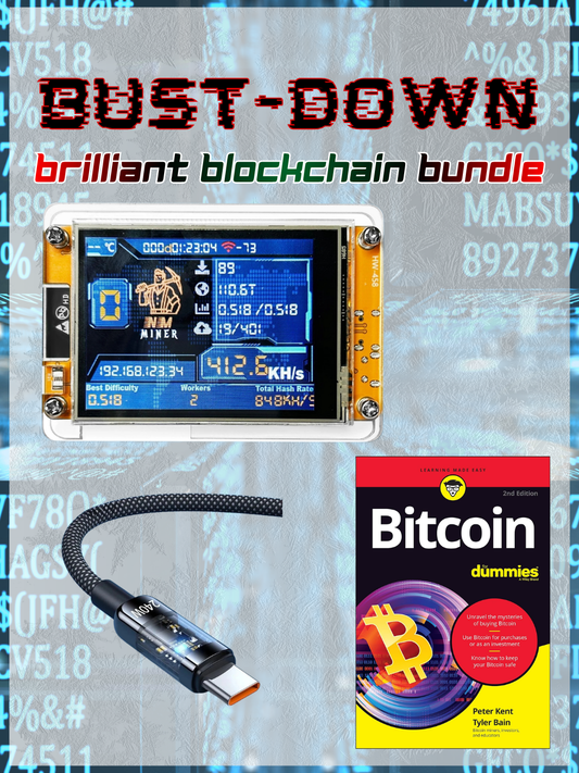 NerdMiner and BTC Blockchain education starter package with cryptocurrency mining personal device with cable and 'Bitcoin for Dummies' book on a digital background