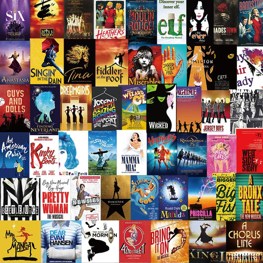 Collage of various musical theater posters on a white background