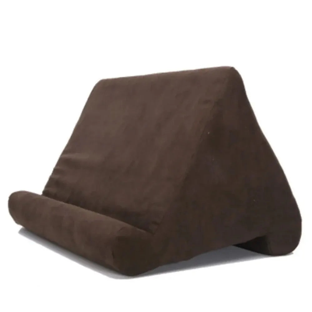 Brown 'Multipurpose display of 'Pad Prop Pillow Tablet Stand | Soft Sponge Wedge for Reading, Streaming & Gaming' Model backside.
