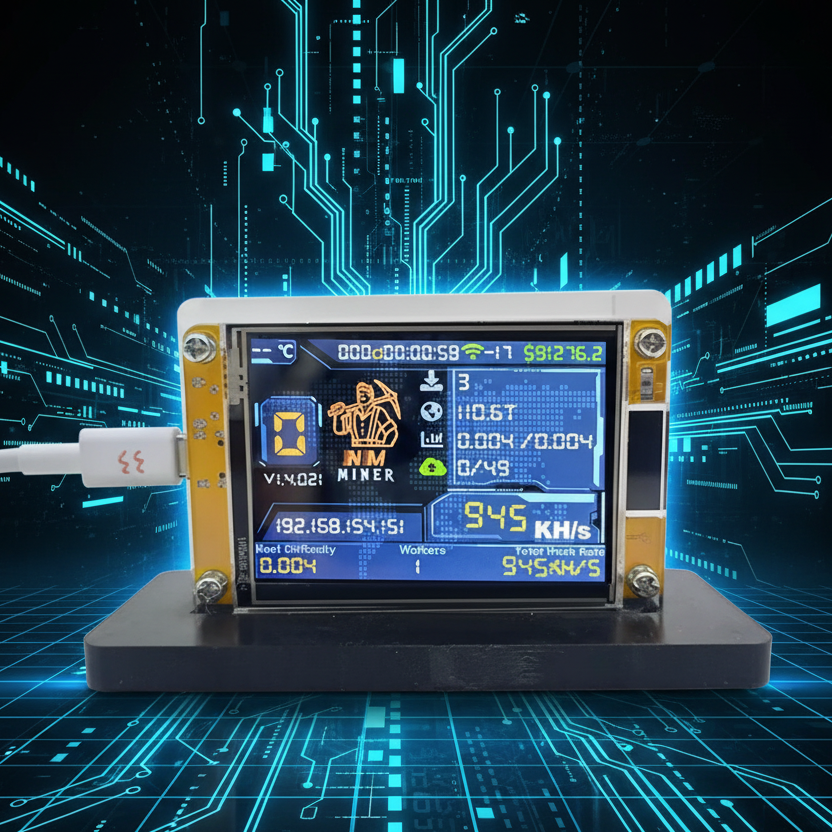 NerdMiner V2 950KH/s 2.8" Smart Display & Bracket Mining System Displayed connected to a type C USB charger on top of A Foundational platform setup with future cyberpunk techno blockchain circuit board neon elements in the background.