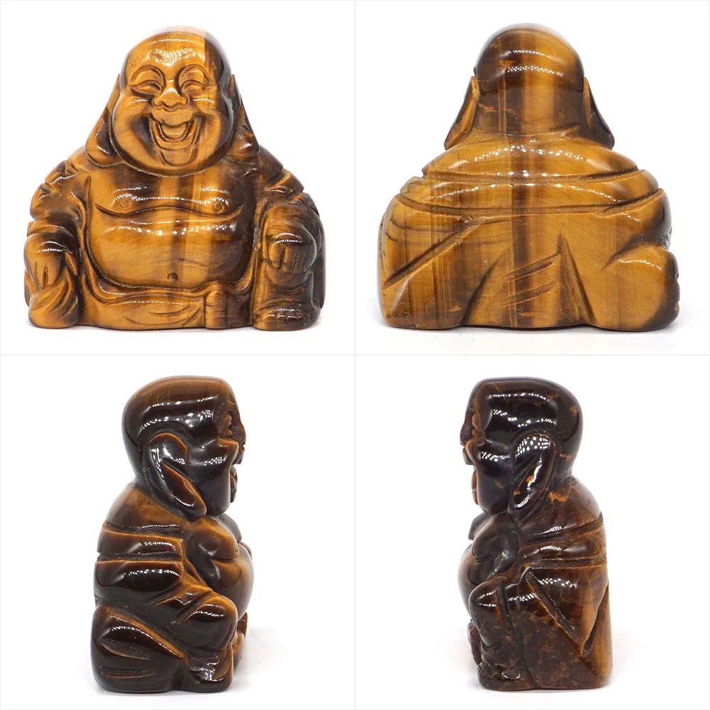 Four views of a tiger's eye stone Buddha statue on a white background