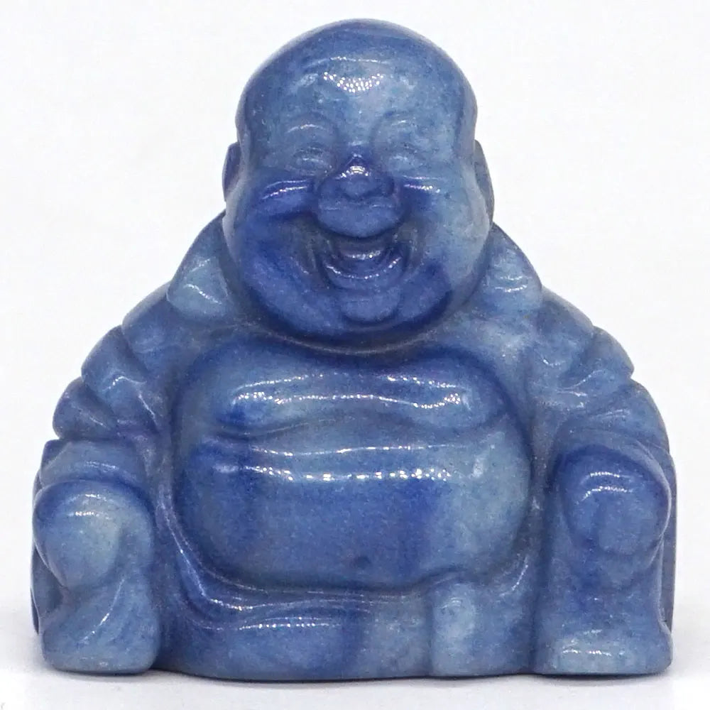 Blue ceramic laughing Buddha statue on a white background