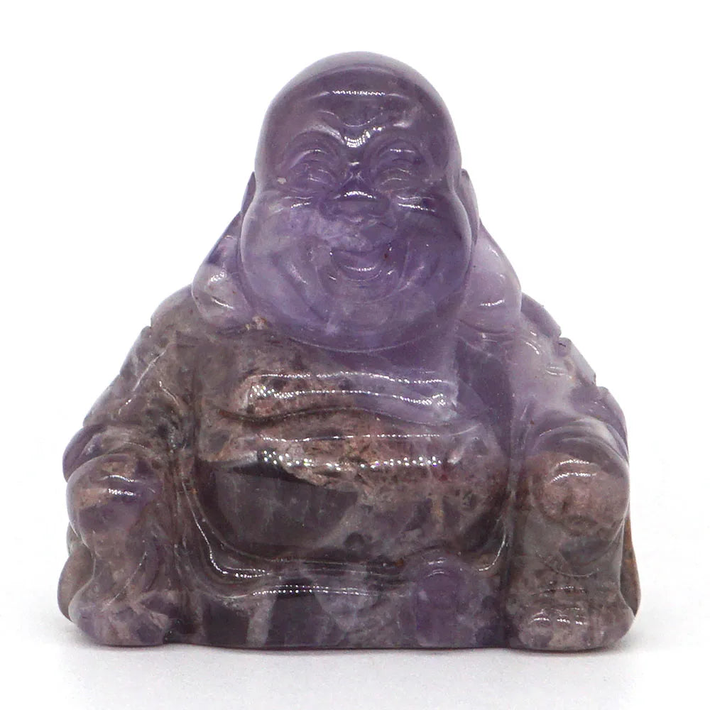 Amethyst Buddha figurine on a white background