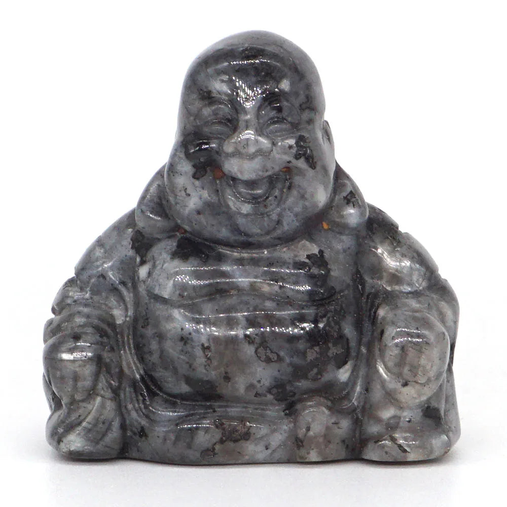 Gray stone Buddha figurine on a white background