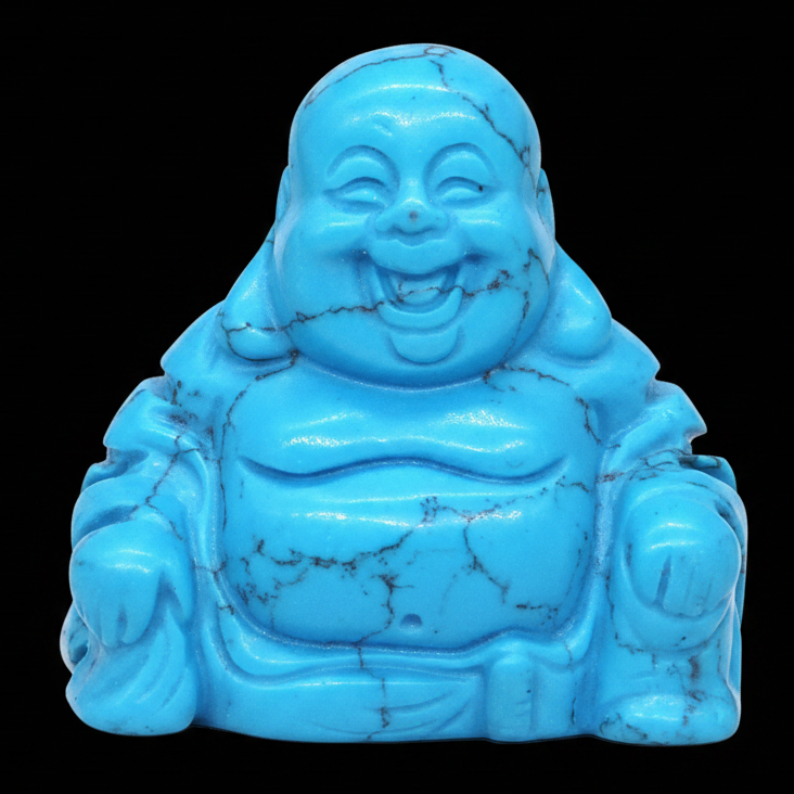 Turquoise Buddha statue on a black background