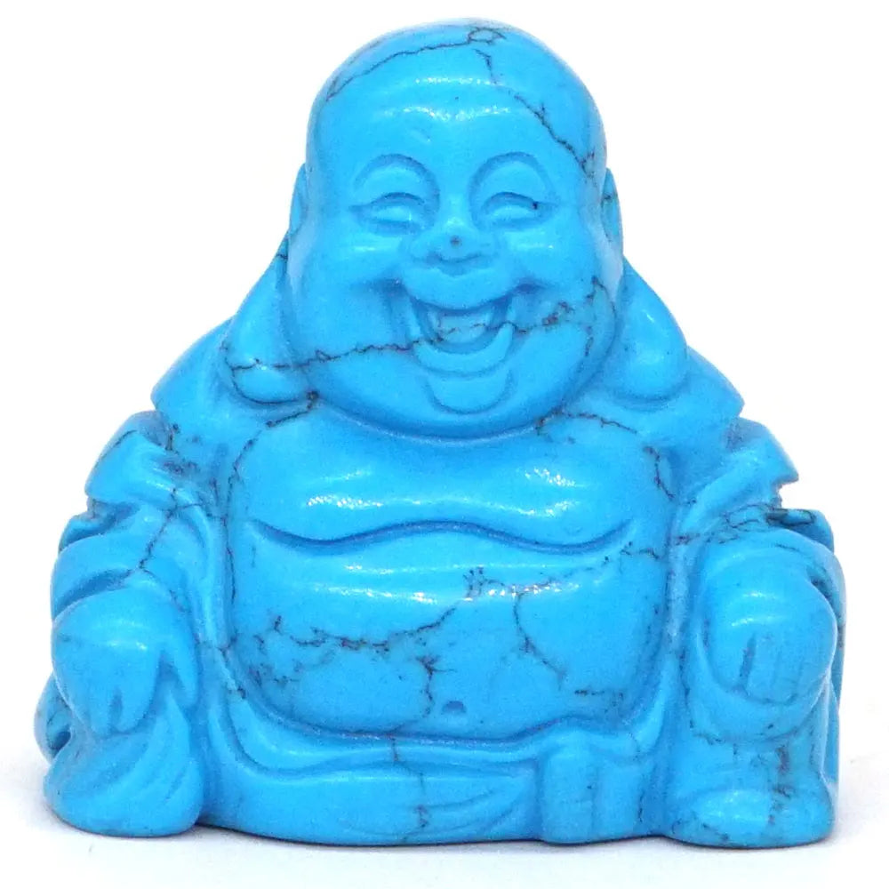 Blue laughing Buddha figurine on a white background