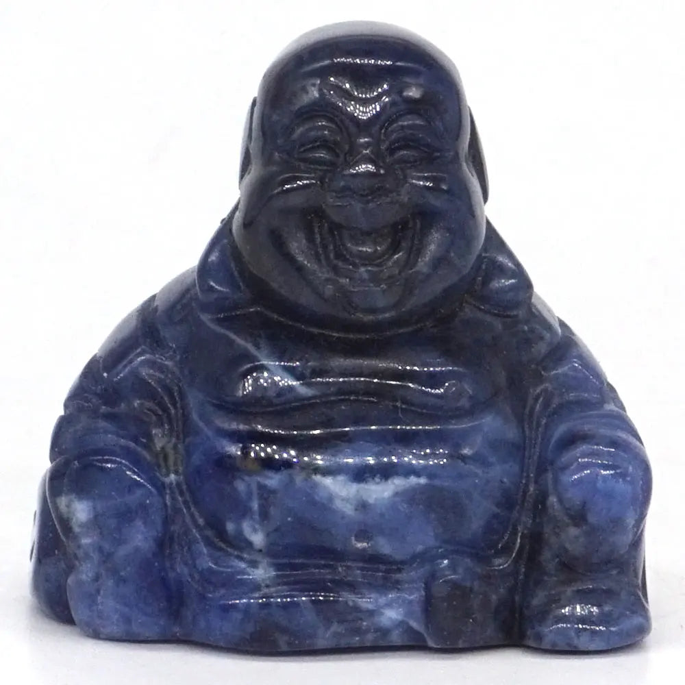 Blue ceramic laughing Buddha statue on a white background