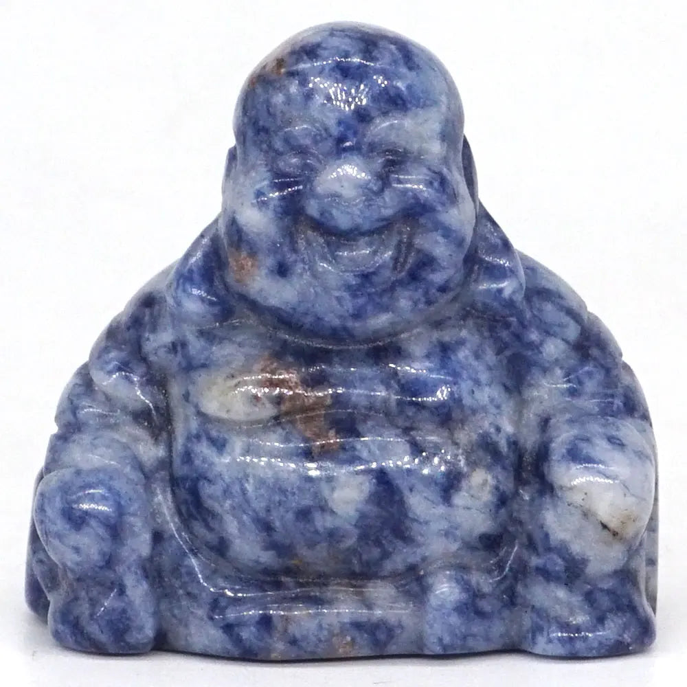 Blue stone Buddha figurine on a white background