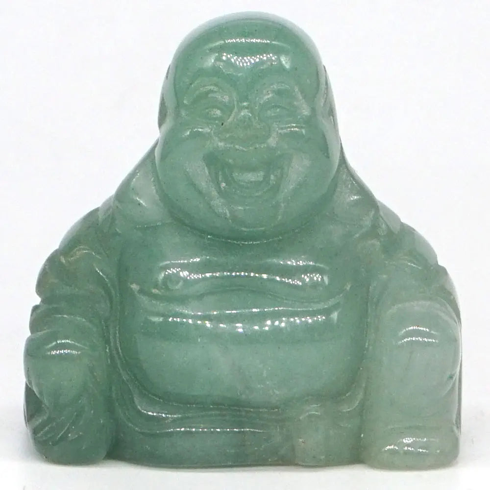 Green jade laughing Buddha statue on a white background