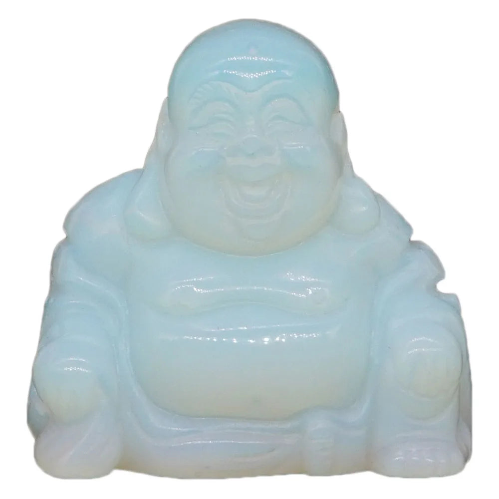 Opalite Buddha statue on a white background