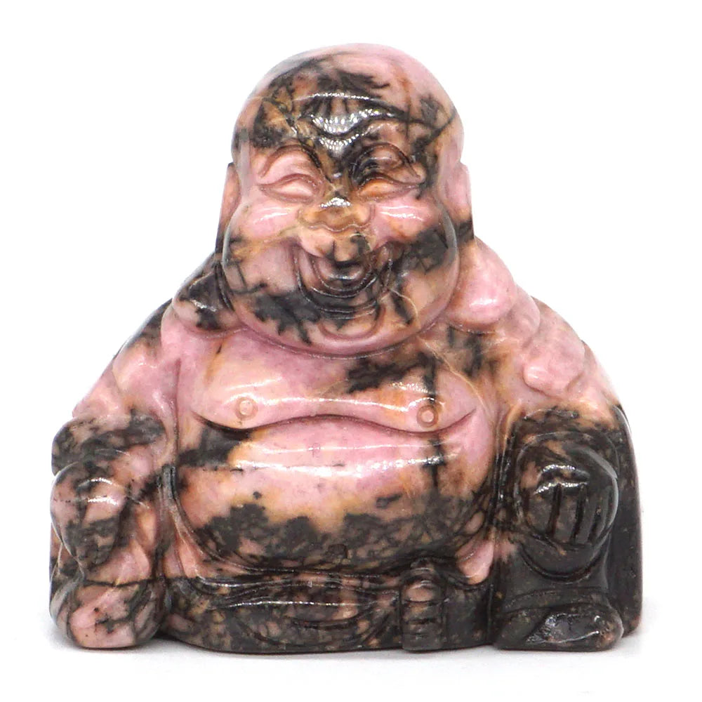Marble-like Buddha statue with intricate patterns on a white background