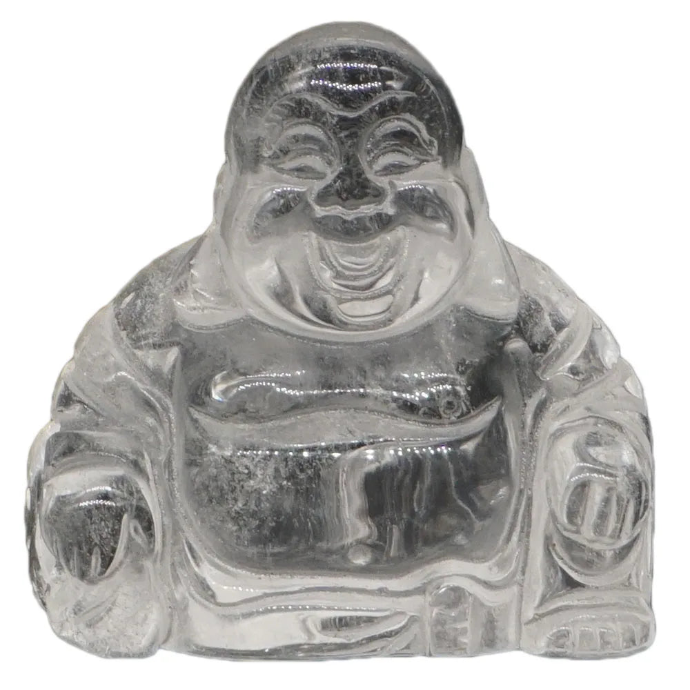 Clear quartz Buddha figurine on a white background