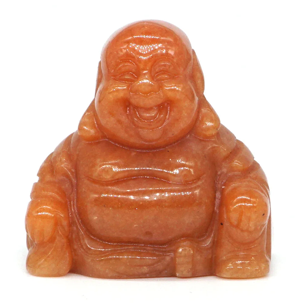 Red aventurine Buddha statue on a white background