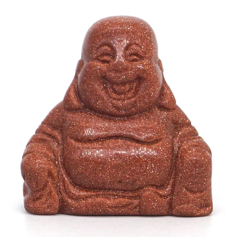 Reddish brown laughing Buddha statue on a white background
