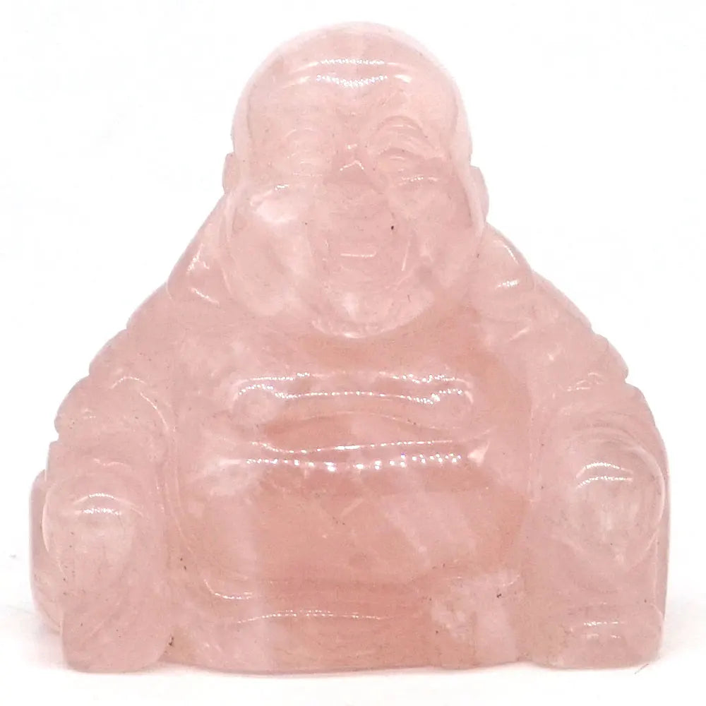 Pink rose quartz stone Buddha statue on a white background