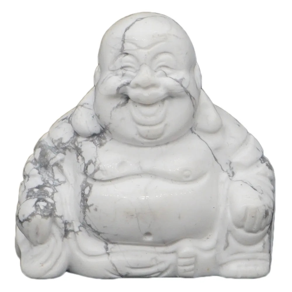 White marble Buddha statue with a happy expression on a white background