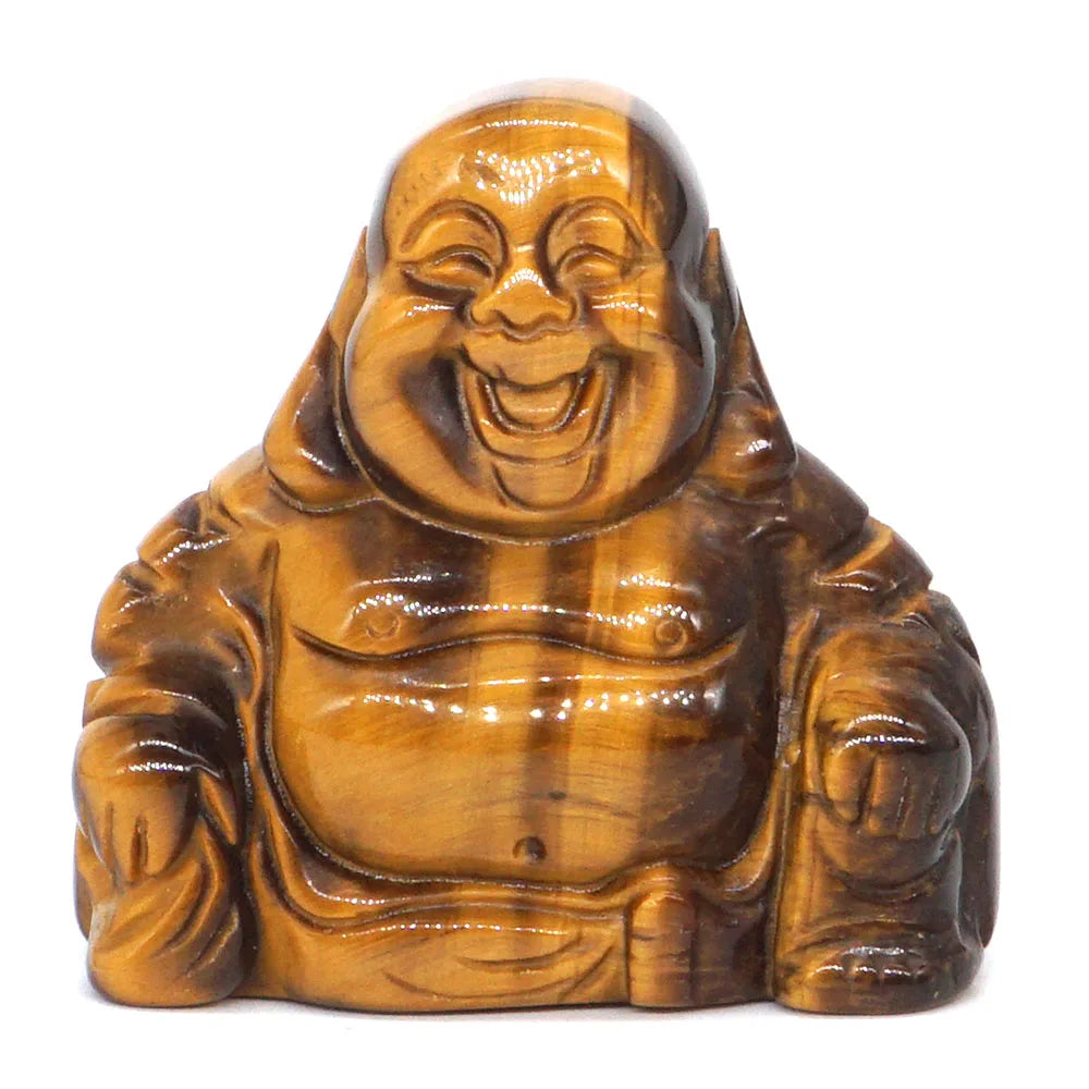 Brown laughing Buddha statue on a white background