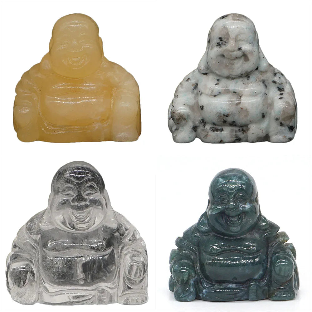 Four stone Buddha statues in different colors on a white background