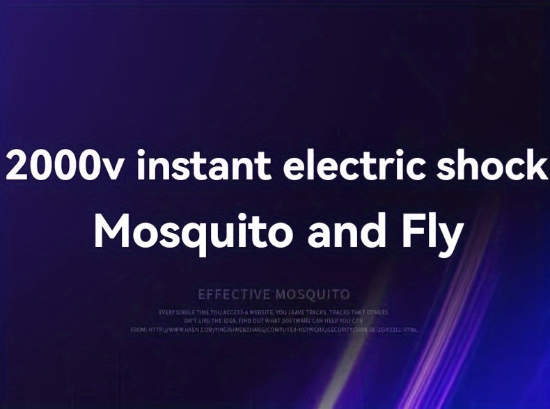 Text on a dark background about mosquito and fly control with high voltage claim.