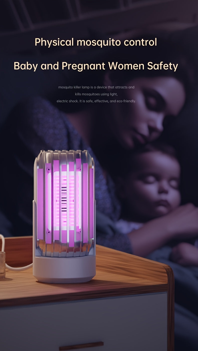 Mosquito killer lamp on a table with a blurred background of a woman and child, emphasizing safety for baby and pregnant women.