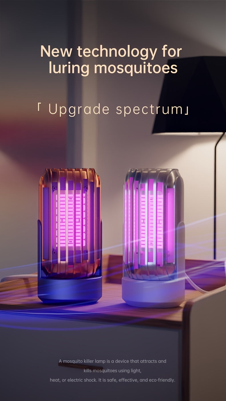 Two mosquito lamps on a table with text about new technology for luring mosquitoes.