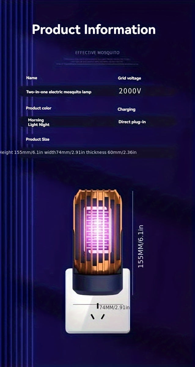 Electric mosquito lamp with product information on a dark blue background