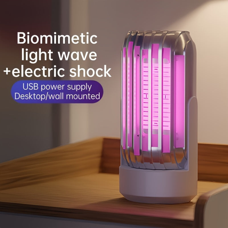 USB-powered lamp with pink light wave on a wooden surface