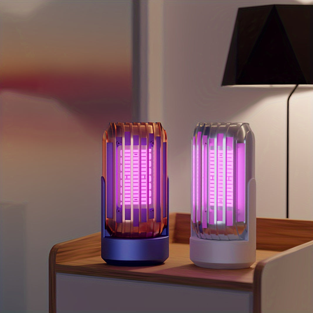 Two purple-lit lamps on a wooden surface with a blurred background
