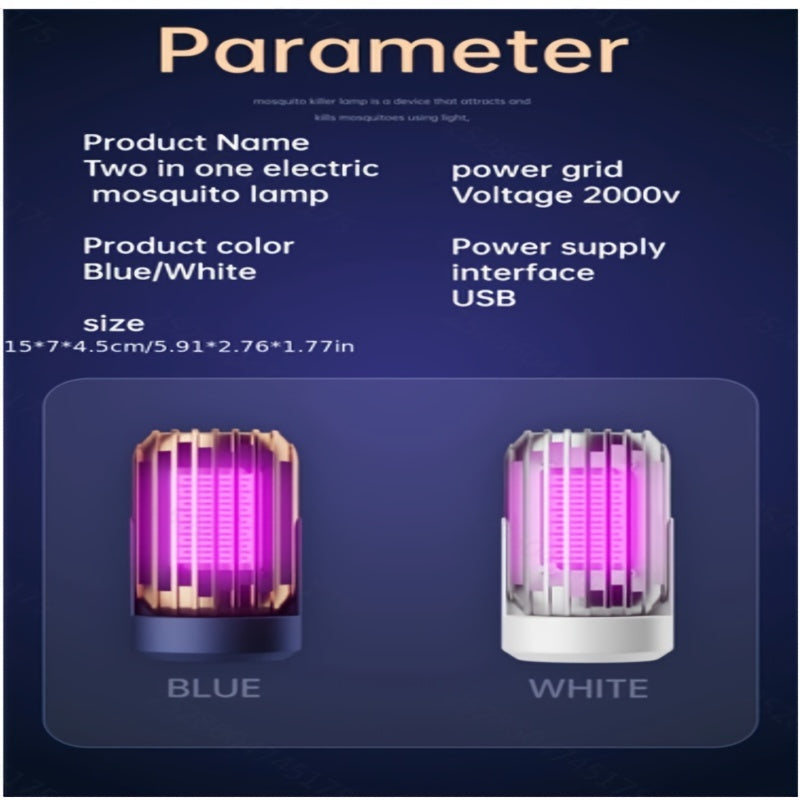 Two electric mosquito lamps with specifications on a blue background