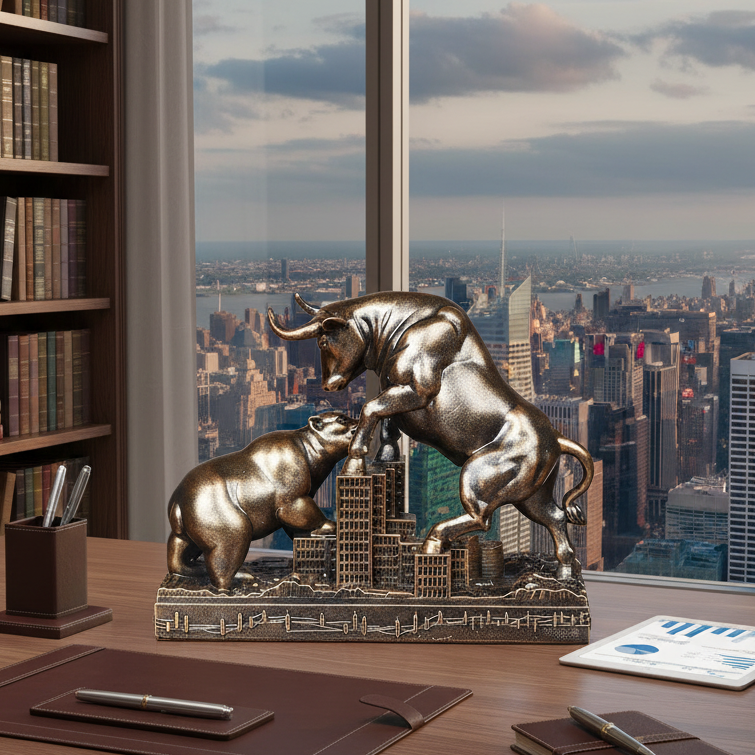 A bronze bull and bear financial sculpture stands on a cityscape base on a wooden desk in an office setting, with a large window showing a city skyline behind it.
