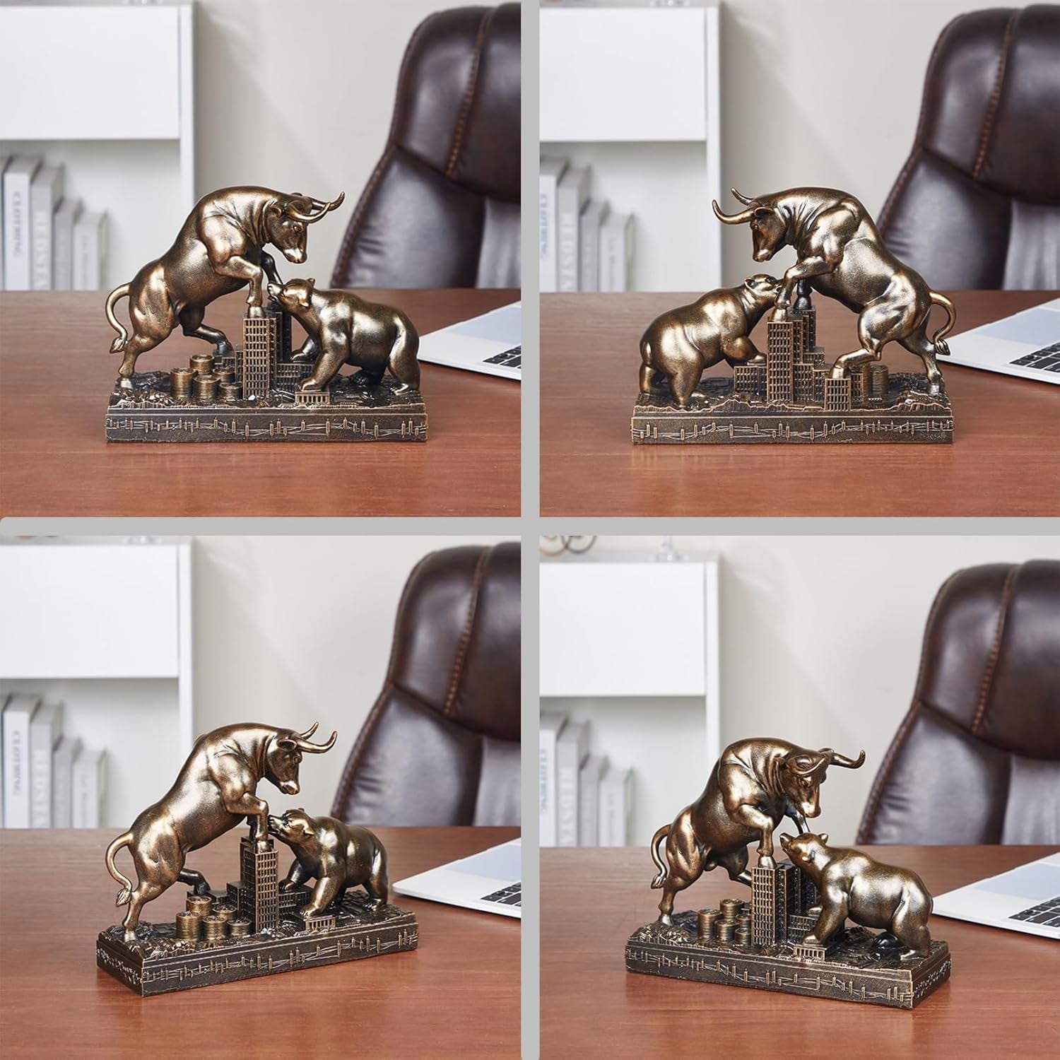 Several angles of bull and Bear financial desk statue.