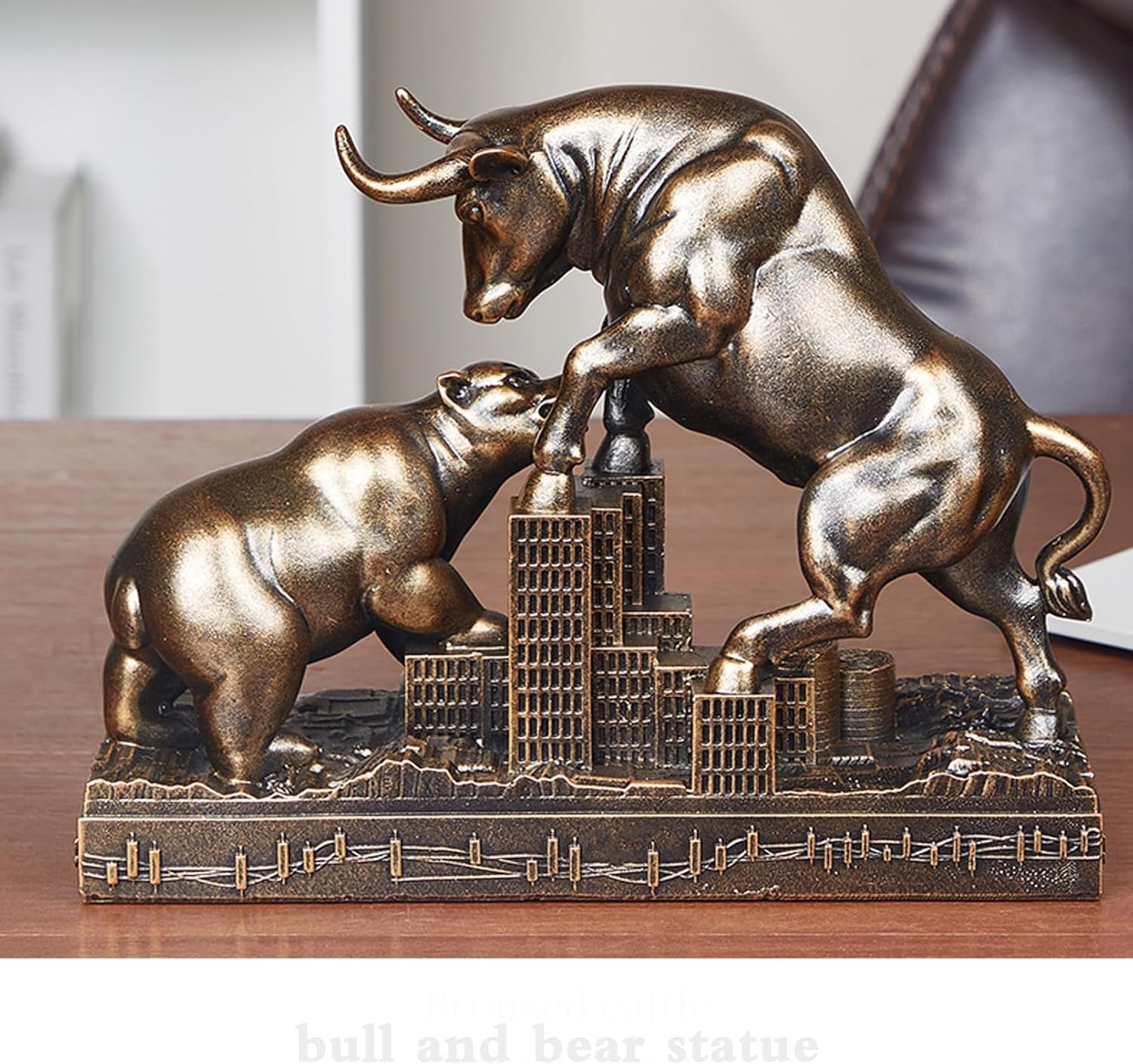 Bronze desk decor featuring a sculpture of a bull and a bear, representing the financial markets, set against an urban backdrop.