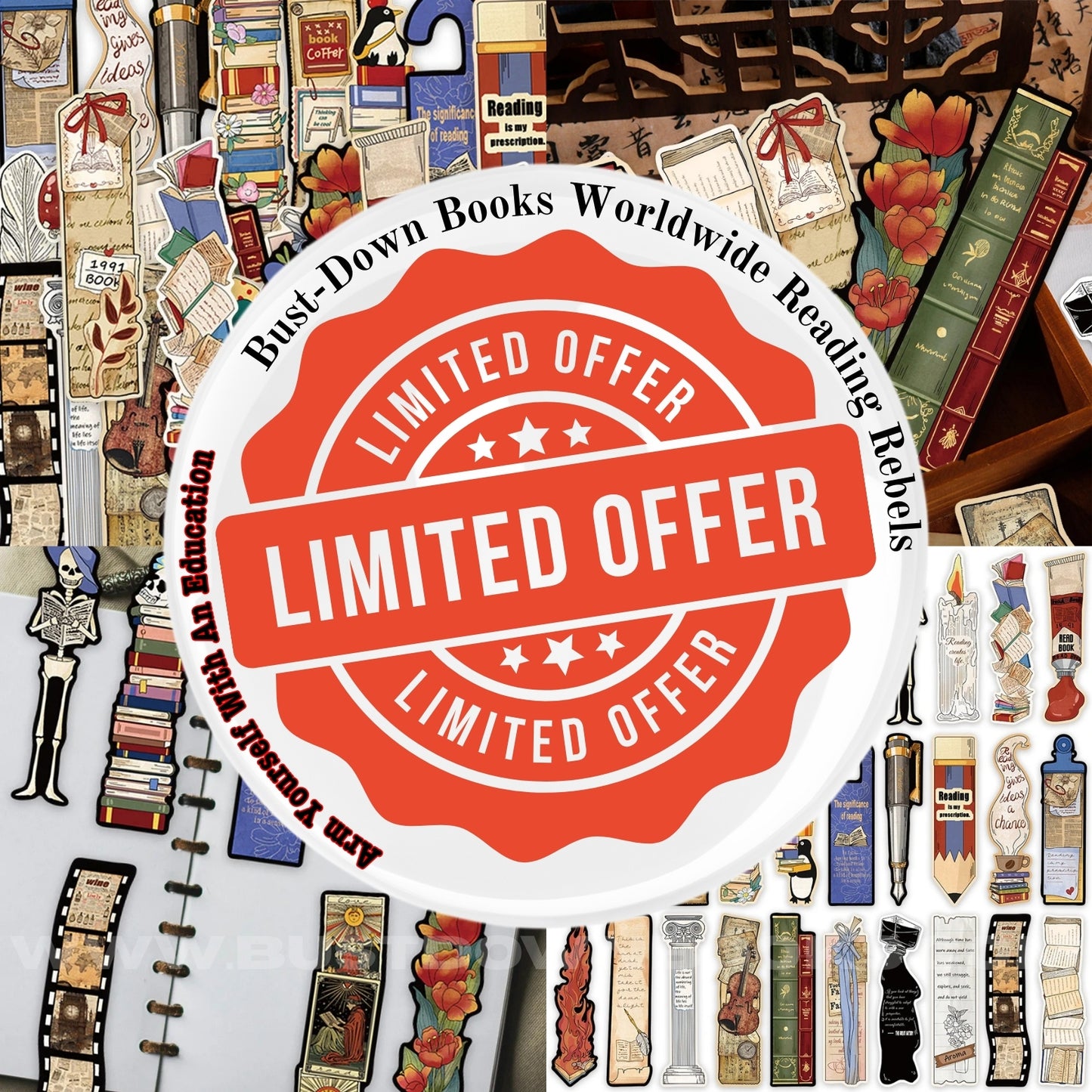 30 pack of unique literary paper bookmarks with vintage and book lover designs by Bust-Down Books.